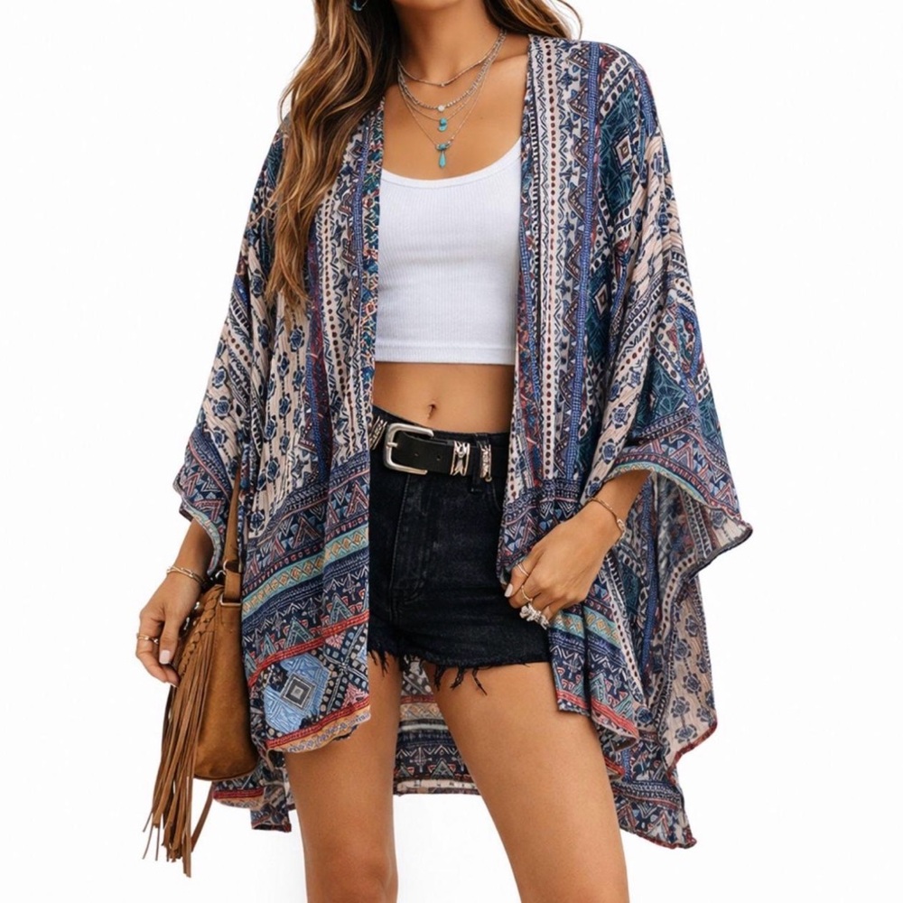Live 4 Truth Boho‎ Aztec Tribal Sheer Kimono Cardigan Multicolor One Size OS